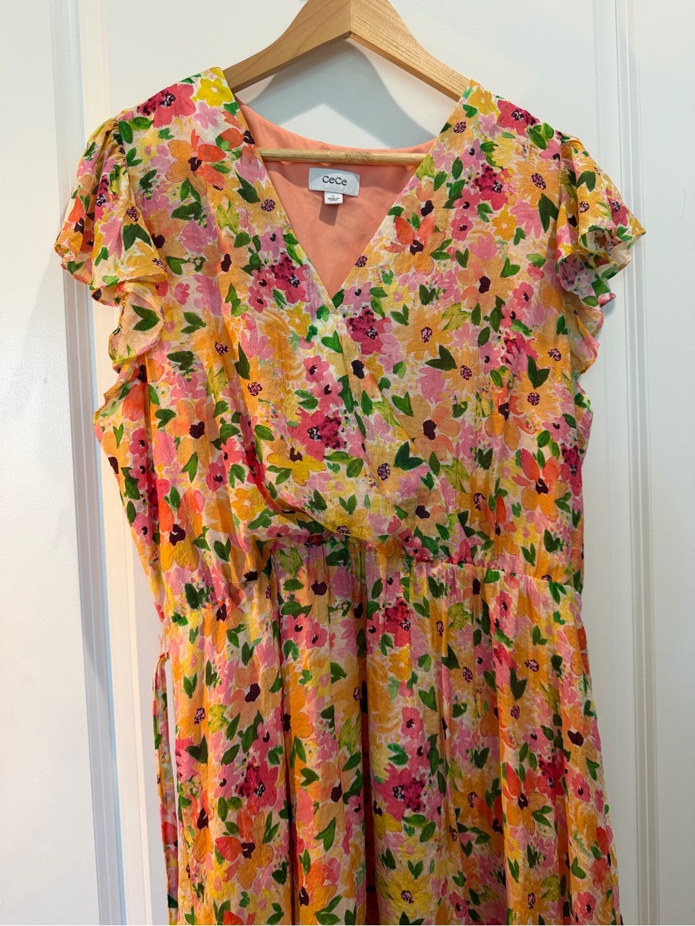 CeCe Floral Faux Wrap Maxi Dress XL Pink Yellow Flutter Sleeve